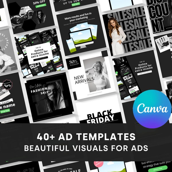 Über 40 schwarz-weiße Facebook-Anzeigenvorlagen und Social-Media-Anzeigenvorlagen | Bearbeitbare Canva Ad Visual Mockup-Vorlagen