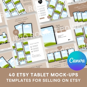 May include: 40 tablet mock-up templates for Etsy shops. The mock-ups feature a tablet with a landscape view of a green hill and blue sky with white clouds. The text "New Planner Template" is on the tablet screen. The mock-ups are on a beige background.