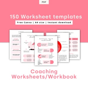May include: A pink and white digital download of 150 coaching worksheet templates for use with Canva. The templates are designed for A4 size paper and include a variety of topics such as SWOT analysis, managing mental health, and Venn diagrams.