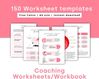 150 Coach worksheet template Canva | Pink worksheets for course workbook Template Pack | Pink Ebook Canva template, coach template