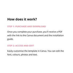 May include: How to use a Canva template: Once you purchase, you'll receive a PDF with a link to the Canva document and an installation guide. Easily customise the template in Canva by editing the font, colours, photos, and text.
