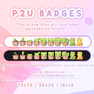 May include: A set of 10 animated Twitch badges featuring a green plant growing in a pot with a cute cat character. The badges are available in three sizes: 72x72, 36x36, and 18x18 pixels.