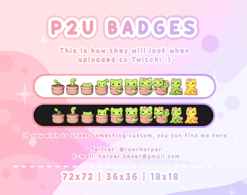 May include: A set of 10 animated Twitch badges featuring a green plant growing in a pot with a cute cat character. The badges are available in three sizes: 72x72, 36x36, and 18x18 pixels.