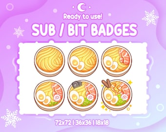 CUTE RAMEN Twitch Sub & Bit Badges | Streamer Emotes | Twitch Graphics for Streamers
