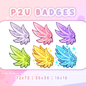 Op de afbeelding: Zes kleurrijke cartoonvleugels met een glinsterend ontwerp. De vleugels zijn in verschillende kleuren: paars, roze, groen, geel, blauw en lichtblauw. De afbeelding bevat de tekst "P2U Badges" en de maten "72x72 | 36x36 | 18x18".