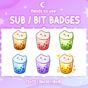 Puede incluir: Seis tazas de té de burbujas con forma de gato de dibujos animados en diferentes colores: naranja, rojo, verde, azul, morado y amarillo. El texto "SUB / BIT BADGES" está en la parte superior de la imagen. El texto "72x72 | 36x36 | 18x18" está en la parte inferior de la imagen.