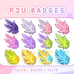 Könnte beinhalten: Ein Set mit 12 bunten Cartoon-Flügel-Abzeichen in verschiedenen Größen, darunter 72x72, 36x36 und 18x18 Pixel. Die Flügel sind mit einem Farbverlauf in den Farben Lila, Rosa, Grün, Gelb und Blau gestaltet.