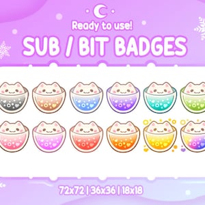 May include: A set of 12 digital cat badges in various colors, each featuring a cartoon cat in a bowl. The badges are available in three sizes: 72x72 pixels, 36x36 pixels, and 18x18 pixels. The text "SUB / BIT BADGES" is displayed above the badges.