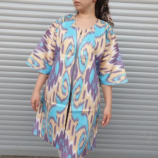 Handwoven Uzbek Ikat Chapan, ikat robe, Hand-dyed, Asian ethnic ikat chapan, organic ikat robe from Uzbekistan, jacket, XXL size, kaftan