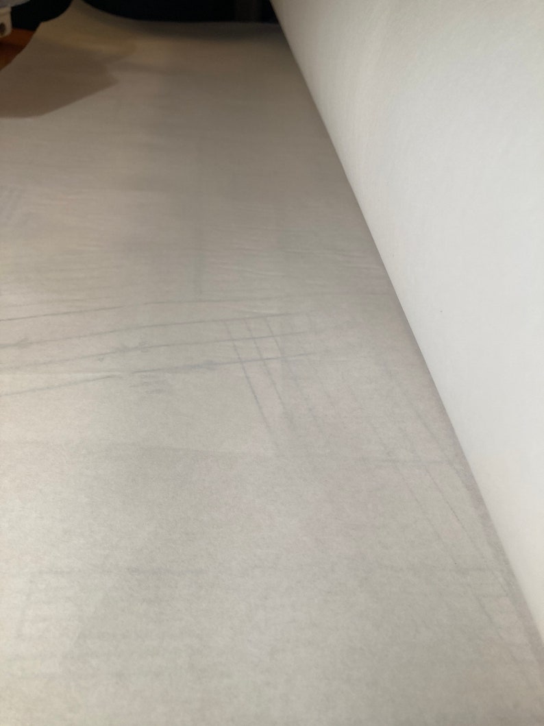 May include: A roll of translucent white paper featuring faint, thin blue grid lines printed across the surface. The paper is partially unrolled, showing a smooth texture and a light, semi-transparent quality that reveals subtle geometric patterns.