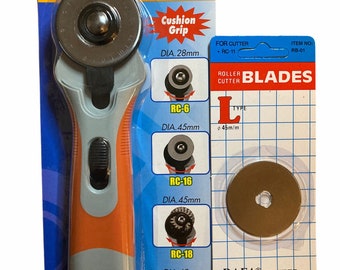 May include: A rotary cutter with a gray and orange handle and a silver blade. The packaging includes a variety of blades with different diameters, including 28mm, 45mm, and 60mm. The packaging also includes the text "DAFA® CUTTER" and "CAUTION: BLADE IS VERY SHARP!"