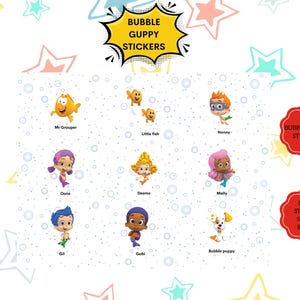 Pegatinas de Bubble Guppies: Calcomanías para loncheras y botellas de agua infantiles (Descarga digital PNG)