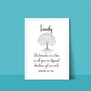 May include: A white framed print with a green tree illustration and the text "Family Like branches on a tree. we all grow in different directions, yet our roots remain as one."