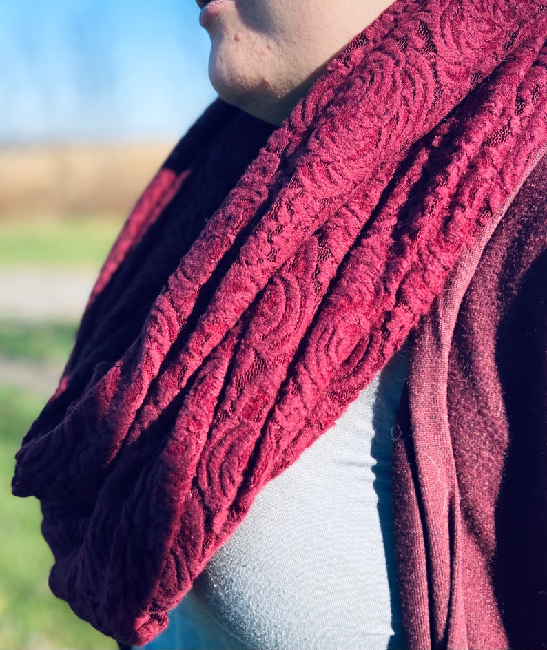 Infinity Scarf burgundy Burgundy Lacey floral infinity scarf-Burgundy Infinity scarf-birthday gift for mom Mother\u2019s Day gift