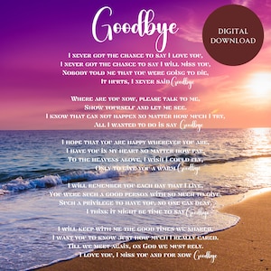 Puede incluir: Una descarga digital de un poema sobre decir adiós. El poema está ambientado en un fondo de puesta de sol sobre el océano. El texto está en fuente blanca con un fondo degradado púrpura.