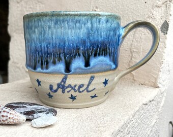 300 ml cup pottery with name personalized sea blue with stars ceramic handmade, name cup for him