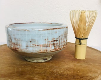 Chewable tea bowl 400 ml handmade ceramic white glazed pottery, red marbled clay Japanese schino glaze, not round