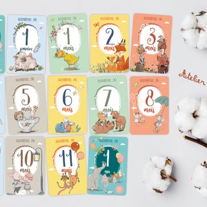 Cartes étapes bébé, MOIVERSAIRE ANIMAUX - Première année bébé - naissance - souvenirs bébé - première année - Cadeau naissance