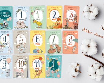 Cartes étapes bébé, MOIVERSAIRE ANIMAUX - Première année bébé - naissance - souvenirs bébé - première année - Cadeau naissance