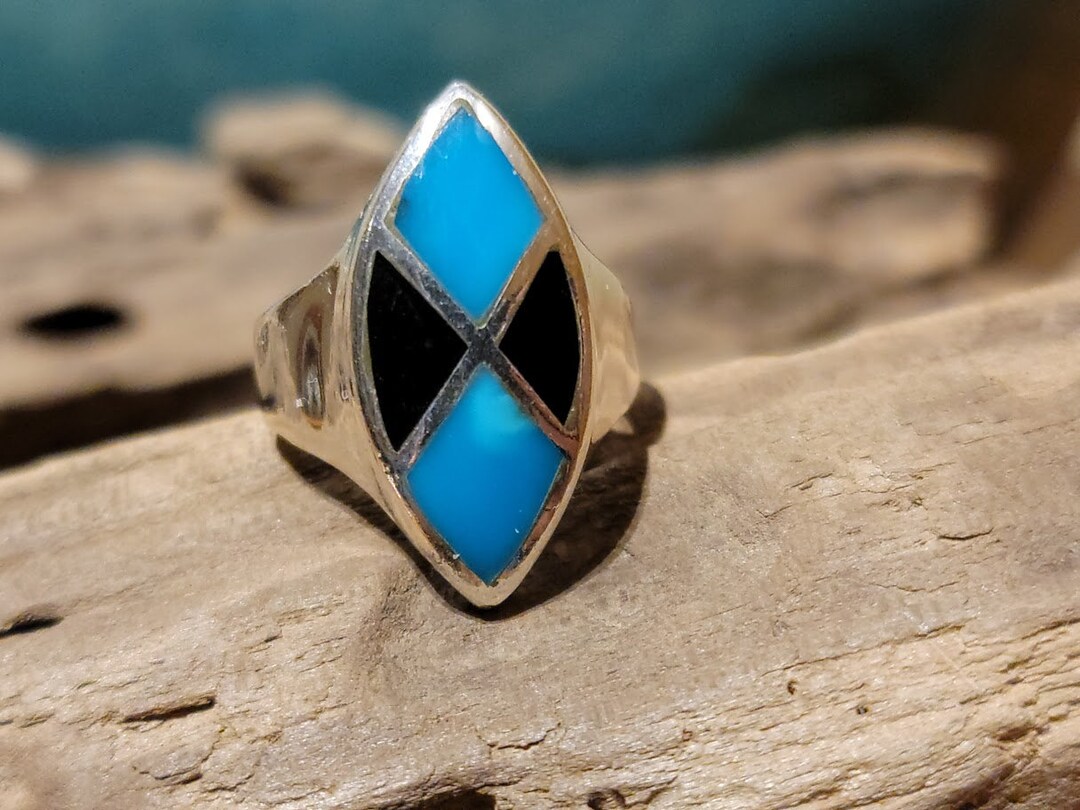 Vintage Genuine Turquoise/black Onyx Inlay Ring in Sterling Silver Size ...