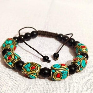 Tibetan Bracelet,turquoise&coral inlay.Tibetan Brass.Handmade.Yoga mediatation Beads.