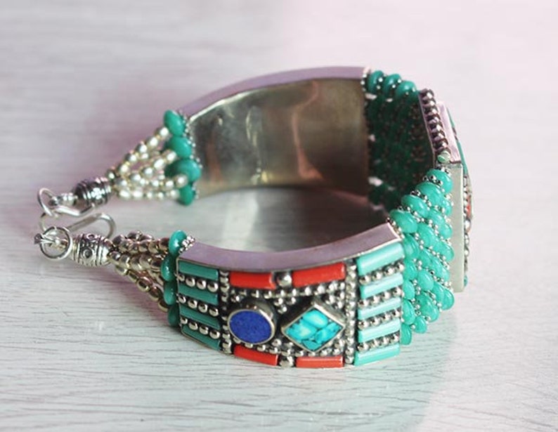 Tibetan bangle bracelet Metal-turquoise handmade Nepali vintage style women cuff bangles