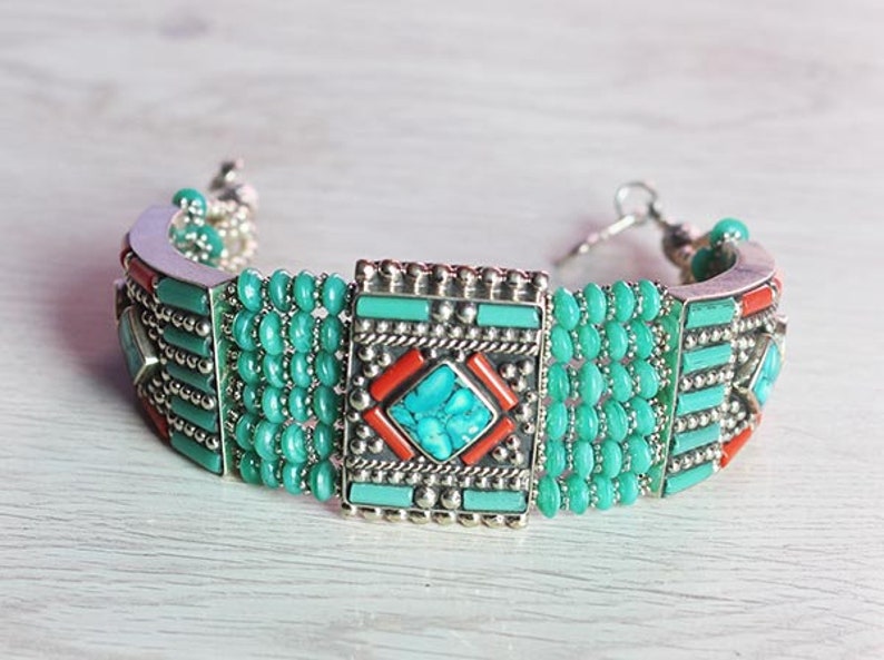 Tibetan bangle bracelet Metal-turquoise handmade Nepali vintage style women cuff bangles