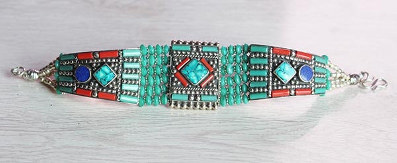 Tibetan bangle bracelet Metal-turquoise handmade Nepali vintage style women cuff bangles