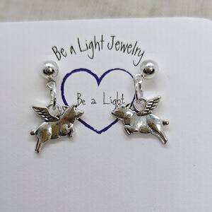 Flying Pig Earrings: Silver Tone Short Drop Post Earrings