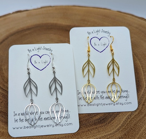 Tulip Earrings, Silver and Gold Variations, Two-inch Drop Earrings