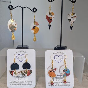 Bird Art Earrings: Lightweight Unique Jewelry, Owls, Road-Runner, Blackbird, Wearable Art. Collection #3.