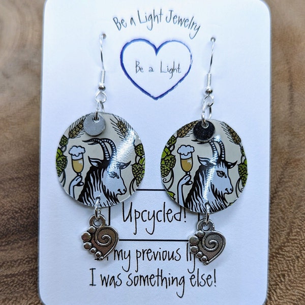 Goat earrings, goat and beer motif, upcycled earrings, handmade jewelry, up-cycled, gift,  earrings under 20,  super lightweight