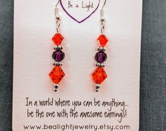 Drop earrings, orange, purple, colorful earrings