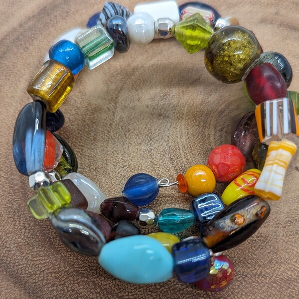 Colorful beaded bangle bracelet, triple-wrap memory wire bracelet, each one as unique as you.