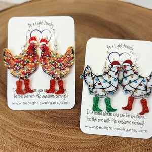 Festive chicken earrings; choose your color, or get both for a discount. Such fun!