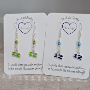 Seahawk Drop Earrings: Blue & Green Glass Beads, Twelfth Man,  Football, Sterling Silver Hooks