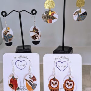 Bird Art Earrings: Lightweight Unique Jewelry, Owls, Road-Runner, Blackbird, Wearable Art. Collection #1.