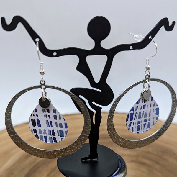 Textured silver hoops and intriguing pattern of shades of blue, upcycled earrings, handmade, up-cycled, under 20 dollars, lightweight