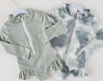 Sage Green Swimsuit - Baby Girl Swimwear - Baby Girl One Piece - Toddler Swimwear - Long Sleeve - Beach Outfit - Ruffle Swimsuit