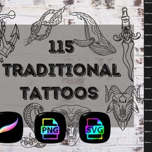 115 Traditional Tattoo Flash Designs | ProCreate Stamp Brushes, SVG, PNG (Digital Download)