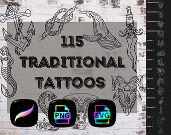 115 Traditional Tattoo Flash Designs | ProCreate Stamp Brushes, SVG, PNG (Digital Download)