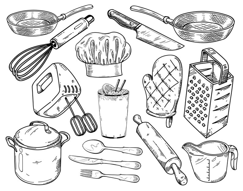 Pode incluir: Um desenho a preto e branco de v&aacute;rias ferramentas e utens&iacute;lios de cozinha, incluindo um batedor, uma batedeira, um chap&eacute;u de cozinheiro, um rolo de massa, um ralador, uma x&iacute;cara medidora, uma panela, uma faca, uma esp&aacute;tula, uma colher e duas frigideiras.