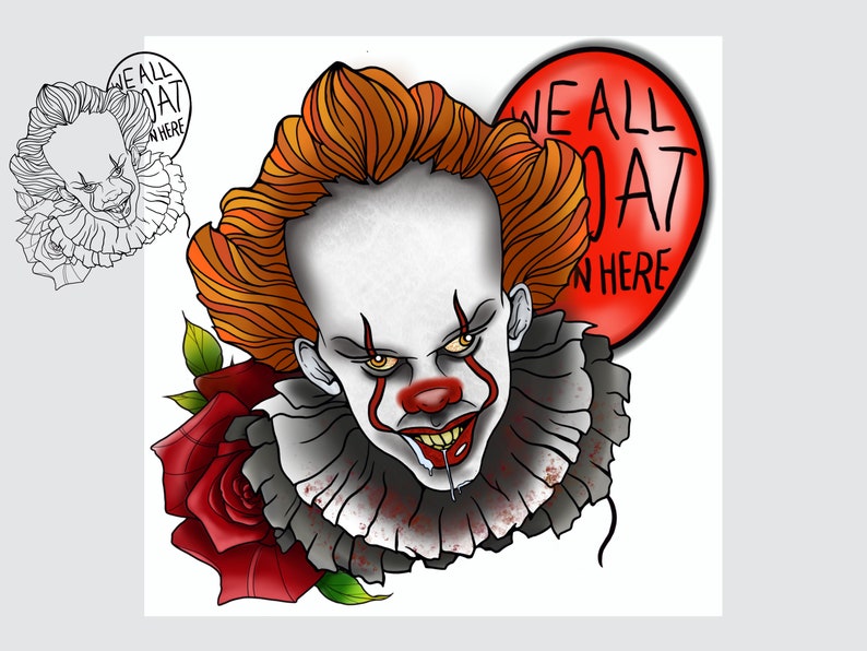 May include: A digital illustration of Pennywise the Dancing Clown from the movie IT. He is depicted with a menacing grin, a red nose, and a red balloon that says "We all float down here". He is holding a red rose in his hand.