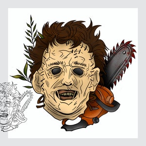 May include: A digital illustration of a horror movie character with a chainsaw and a leafy branch behind the head. The character has a pale face with stitches and a wide smile. The chainsaw is orange and black with a bloody blade.