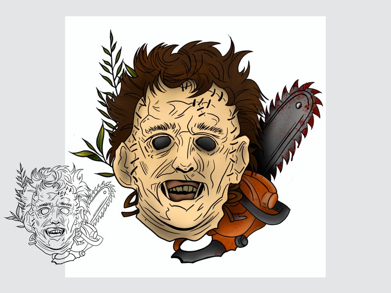 May include: A digital illustration of a horror movie character with a chainsaw and a leafy branch behind the head. The character has a pale face with stitches and a wide smile. The chainsaw is orange and black with a bloody blade.