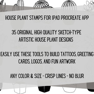 Puede incluir: Una ilustraci&oacute;n digital de 35 sellos de plantas de interior para la aplicaci&oacute;n iPad Procreate. El texto dice "HOUSE PLANT STAMPS FOR IPAD PROCREATE APP", "35 ORIGINAL, HIGH QUALITY SKETCH-TYPE ARTISTIC HOUSE PLANT DESIGNS", "EASILY USE THESE TOOLS TO BUILD TATTOOS, GREETING CARDS, LOGOS, AND FUN ARTWORK", y "ANY COLOR & SIZE - CRISP LINES - NO BLUR".