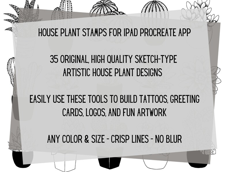 Puede incluir: Una ilustraci&oacute;n digital de 35 sellos de plantas de interior para la aplicaci&oacute;n iPad Procreate. El texto dice "HOUSE PLANT STAMPS FOR IPAD PROCREATE APP", "35 ORIGINAL, HIGH QUALITY SKETCH-TYPE ARTISTIC HOUSE PLANT DESIGNS", "EASILY USE THESE TOOLS TO BUILD TATTOOS, GREETING CARDS, LOGOS, AND FUN ARTWORK", y "ANY COLOR & SIZE - CRISP LINES - NO BLUR".