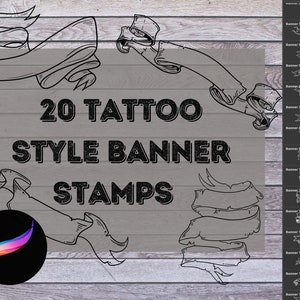 May include: 20 Tattoo Style Banner Stamps. A set of 20 black and white banner stamps in various styles. The banners are in a tattoo style and are perfect for adding a unique touch to your projects.