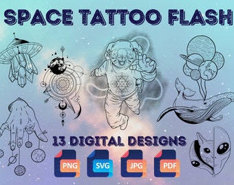 Space - Planets - Aliens & Astronaut Tattoo Flash  |  PNG/SVG Digital Design Files for Tattoos, T-Shirts, Die Cut, Sublimation, and More!