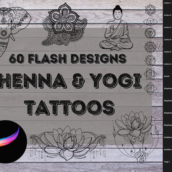 ProCreate Henna & Yogi Tattoo Stamp Pack Bundle - Pinceaux pour iPad | Lotus, Bouddha, Om et tatouages éclair au henné